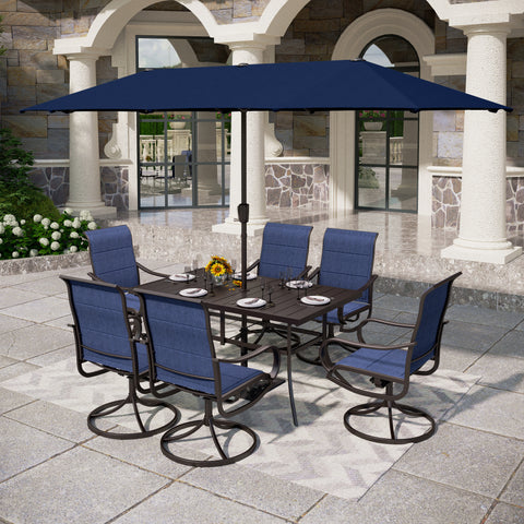 8-Piece 13ft Umbrella Patio Dining Set with Denim Blue / Grey Textilene Swivel Chair