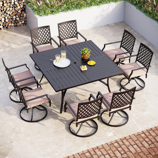 9-Piece Extra-large Square Table & Pattern Swivel Chairs Patio Dining Set