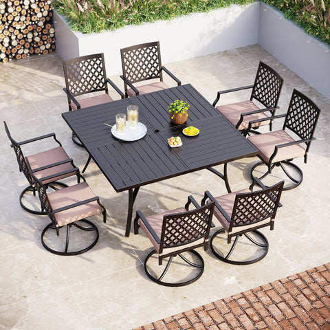 9-Piece Extra-large Square Table & Pattern Swivel Chairs Patio Dining Set