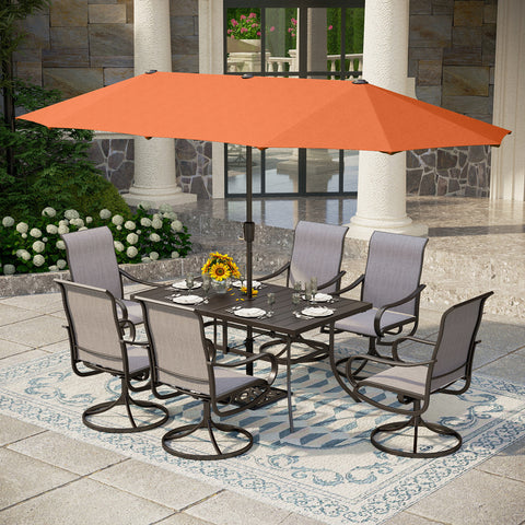 8-Piece 13ft Umbrella Patio Dining Set with Denim Blue / Grey Textilene Swivel Chair
