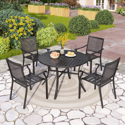 5-Piece Outdoor Dining Set Geometrically Stamped Round Table & Bull's Eye Pattern Dining Chairs