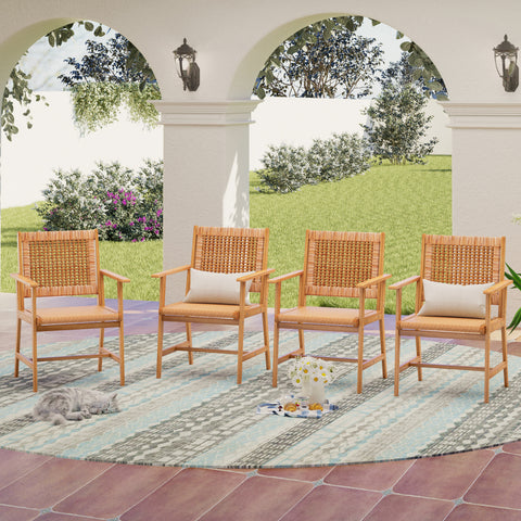 Rattan and Acacia Wood Outdoor Dining Chairs