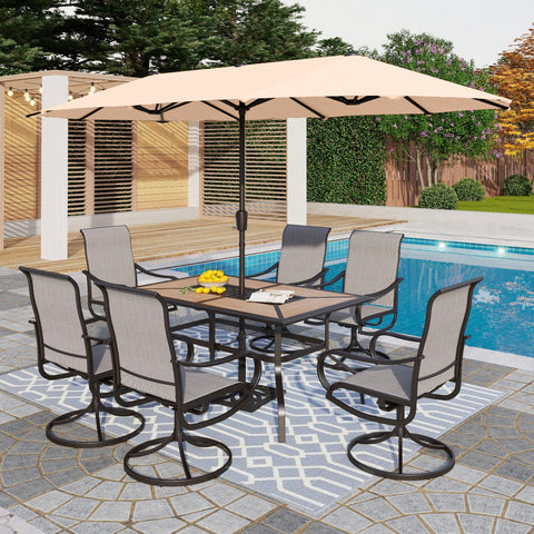 8-Piece 13ft Umbrella Patio Dining Set with Textilene Swivel Chair and Wood-like Table