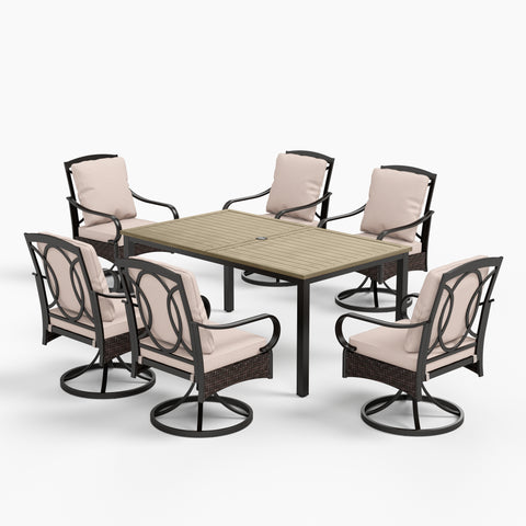 7-Piece Farmhouse Style Wood Grain Table & Rattan-steel Cushion Swivel Chairs Patio Dining Set