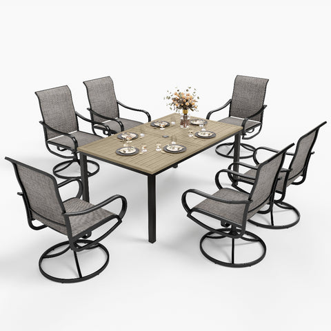 7-Piece Patio Dining Set Farmhouse Style Wood Grain Patio Dining Table and Textilene Swivel Chairs