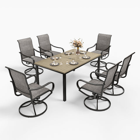 7-Piece Patio Dining Set Farmhouse Style Wood Grain Patio Dining Table and Textilene Swivel Chairs