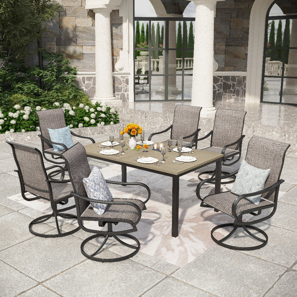 7-Piece Patio Dining Set Farmhouse Style Wood Grain Patio Dining Table and Textilene Swivel Chairs