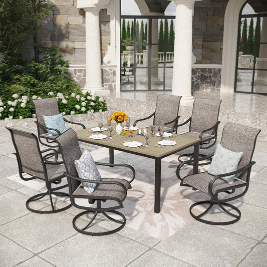 7-Piece Patio Dining Set Farmhouse Style Wood Grain Patio Dining Table and Textilene Swivel Chairs