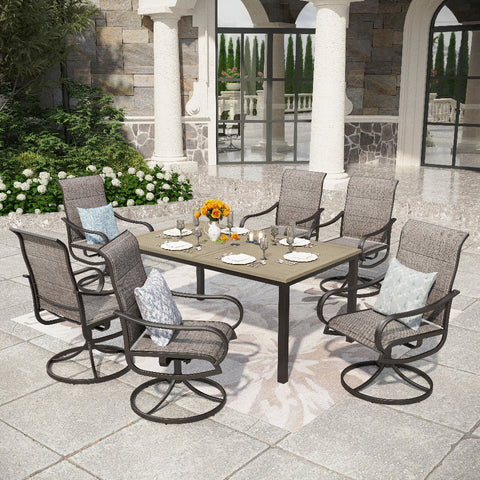 7-Piece Patio Dining Set Farmhouse Style Wood Grain Patio Dining Table and Textilene Swivel Chairs