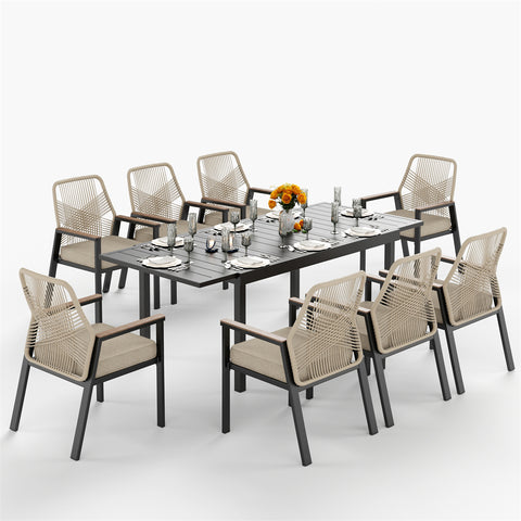 9-Piece Outdoor Patio Dining Set with Handcrafted Rattan Rope Chairs