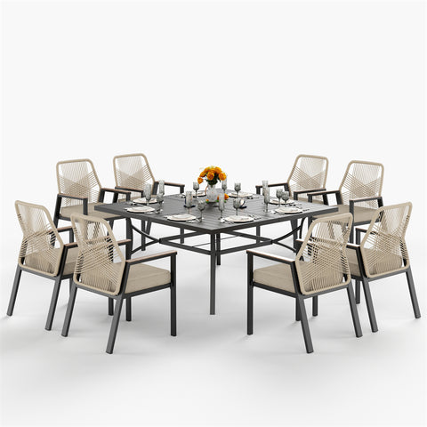 9-Piece Outdoor Patio Dining Set with Handcrafted Rattan Rope Chairs
