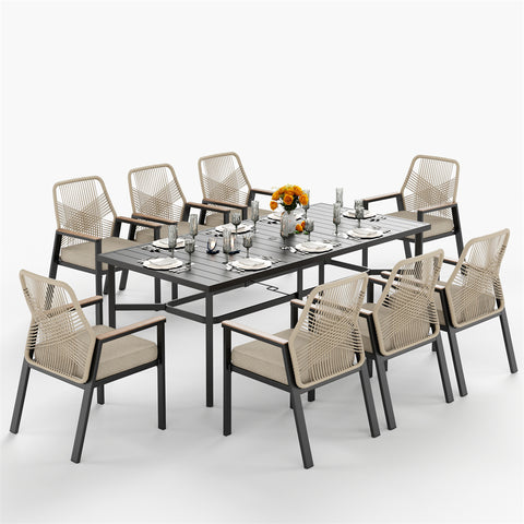 9-Piece Outdoor Patio Dining Set with Handcrafted Rattan Rope Chairs