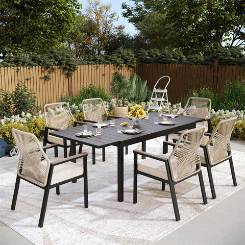7-Piece Outdoor Patio Dining Set with Handcrafted Rattan Rope Chairs