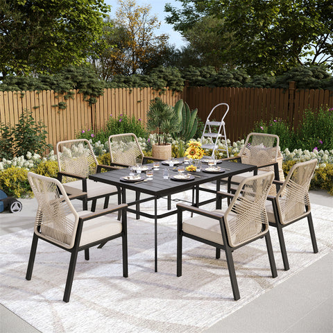 7-Piece Outdoor Patio Dining Set with Handcrafted Rattan Rope Chairs