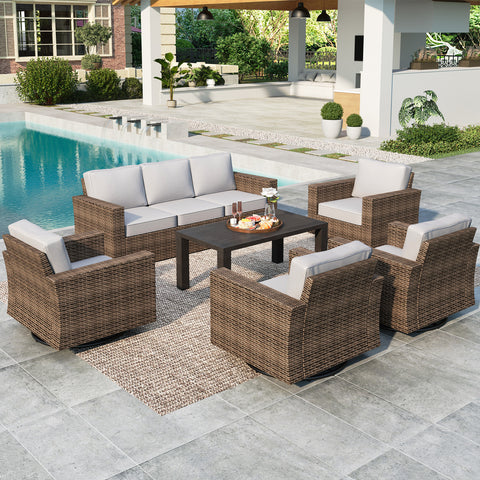Luxury 5 Seats Wicker Patio Conversation Sofa Set with Swivel Chairs