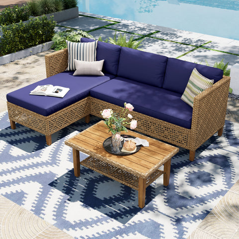 Boho Style Outdoor Wicker Conversation Sofa set with Acacia Wood Coffee Table