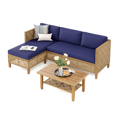 Boho Style Outdoor Wicker Conversation Sofa set with Acacia Wood Coffee Table