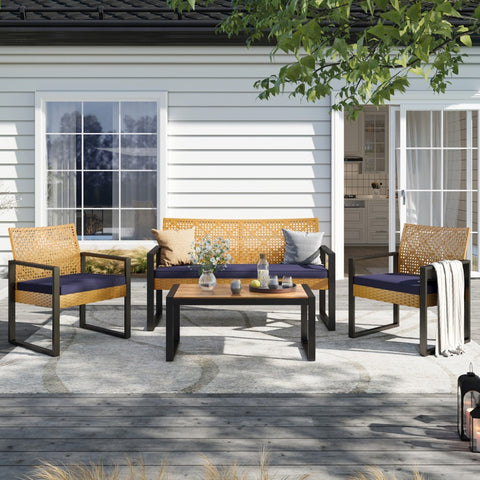 4-Piece Contemporary Rattan-wood Patio Conversation Set