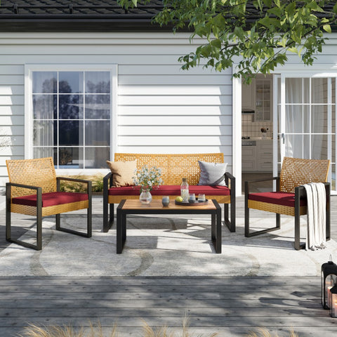4-Piece Contemporary Rattan-wood Patio Conversation Set