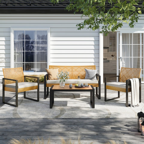 4-Piece Contemporary Rattan-wood Patio Conversation Set