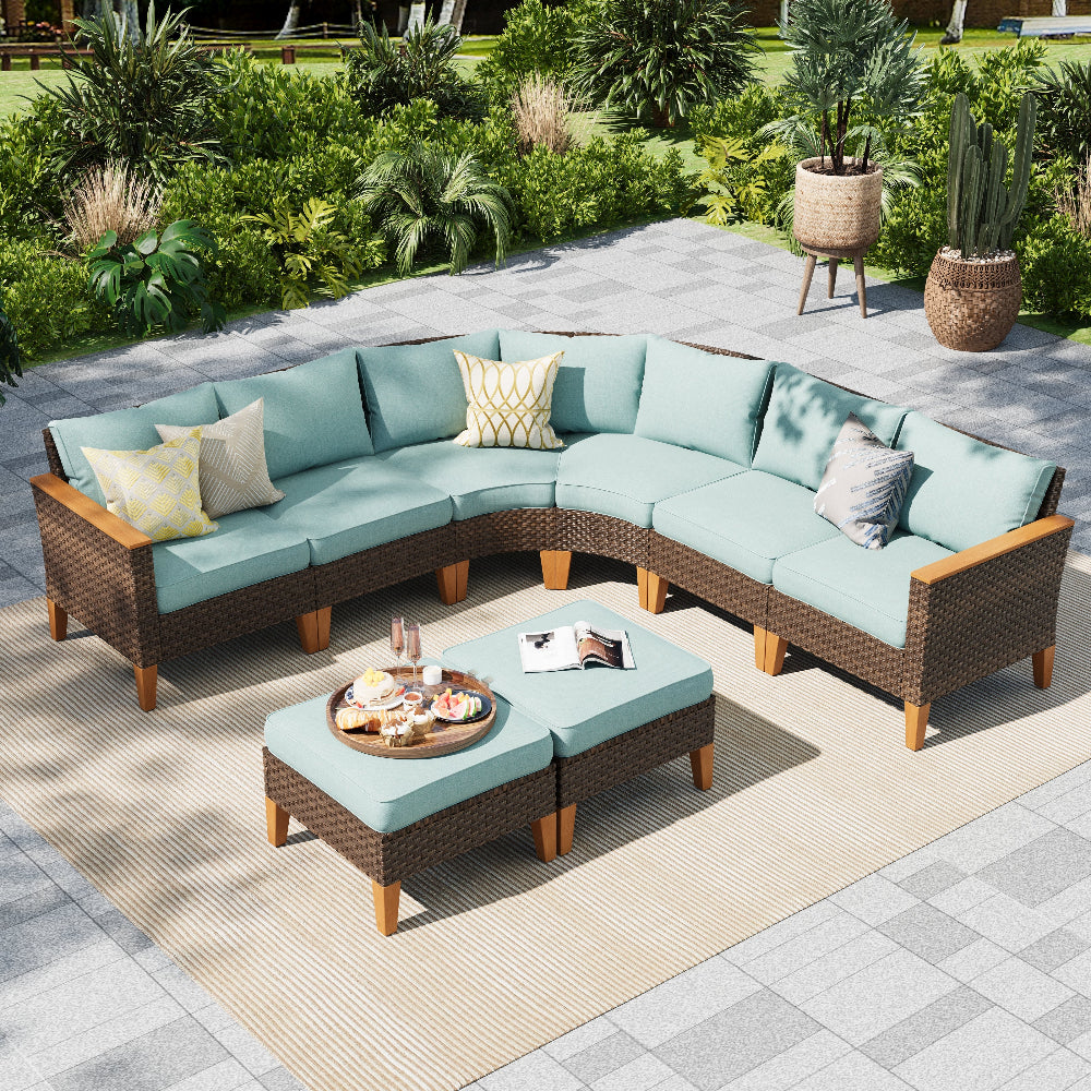 8-Piece Rattan Half-Moon Curved Luxury Outdoor Sofa Sectional-Blue