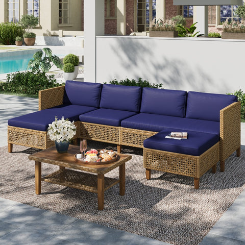 Boho Style Outdoor Wicker Conversation Sofa set with Acacia Wood Coffee Table