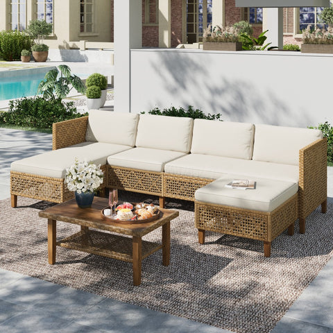 Boho Style Outdoor Wicker Conversation Sofa set with Acacia Wood Coffee Table