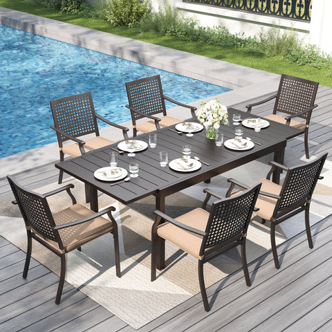 Outdoor Dining Set Extendable Steel Table & Bull's Eye Pattern Dining Chairs