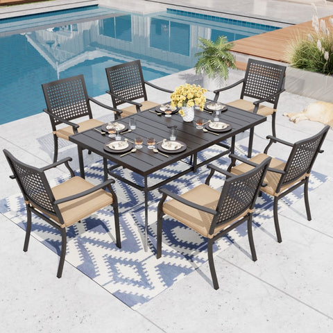 7-Piece Outdoor Dining Set Steel Panel Table & Bull's Eye Pattern Dining Chairs