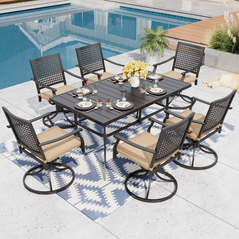 7-Piece Outdoor Dining Set Steel Panel Table & Bull's Eye Pattern Dining Chairs
