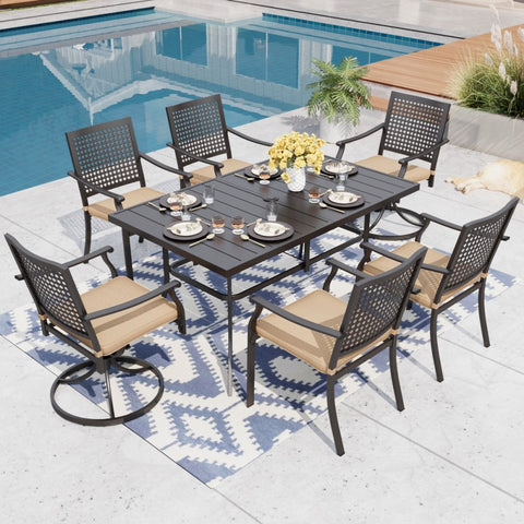 7-Piece Outdoor Dining Set Steel Panel Table & Bull's Eye Pattern Dining Chairs