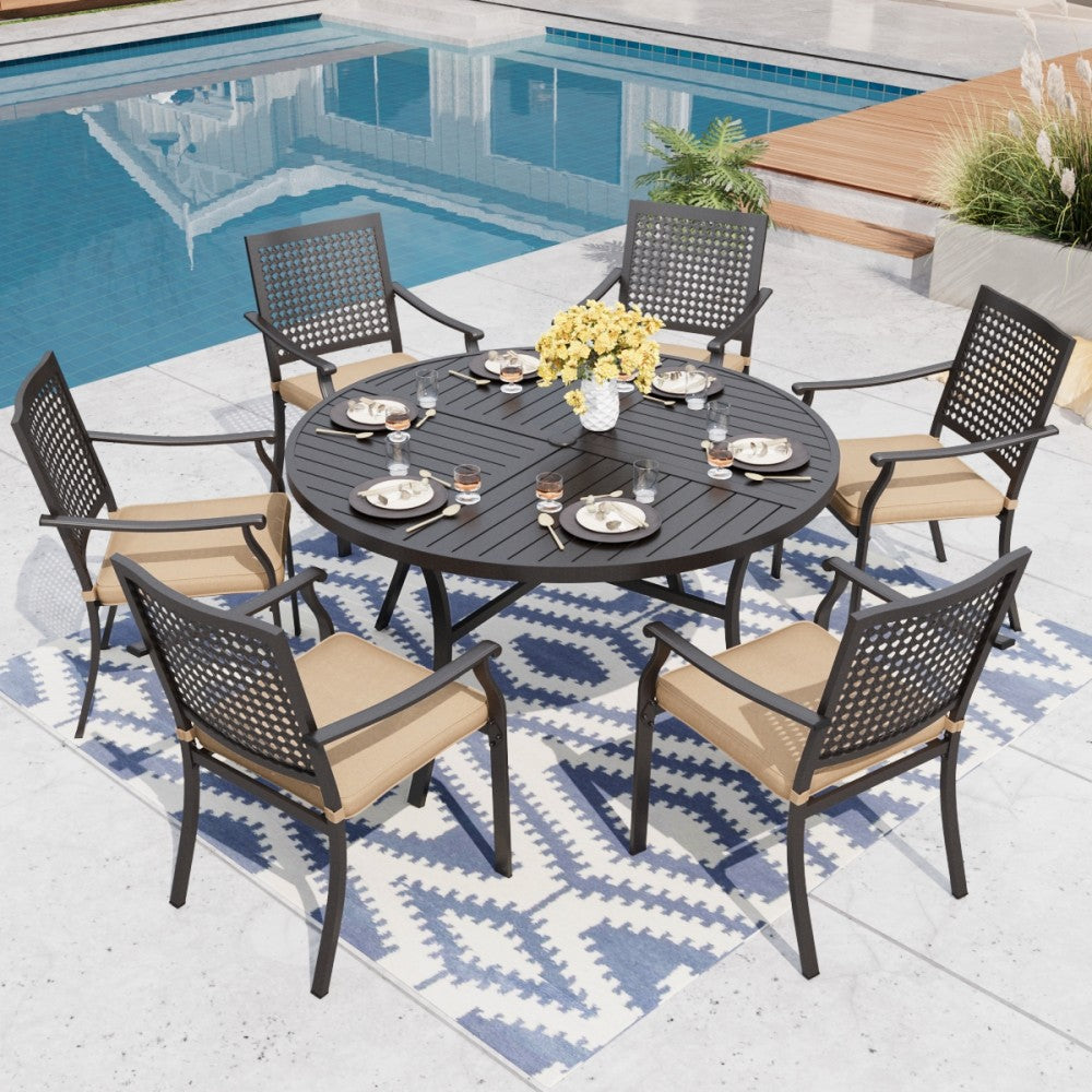 7-Piece Patio Dining Set Round Table & Bullseye Patterned Steel Chairs
