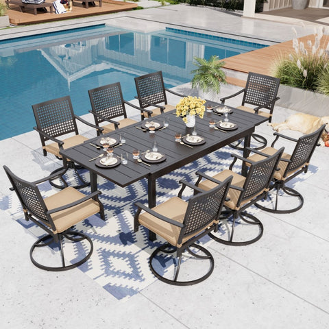 Outdoor Dining Set Extendable Steel Table & Bull's Eye Pattern Dining Chairs