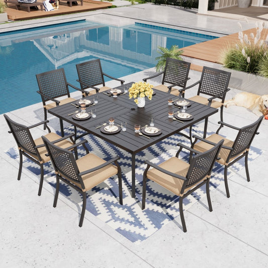 9-Piece Patio Dining Set Large Square Table & Bull-eye-pattern Stackable Chairs