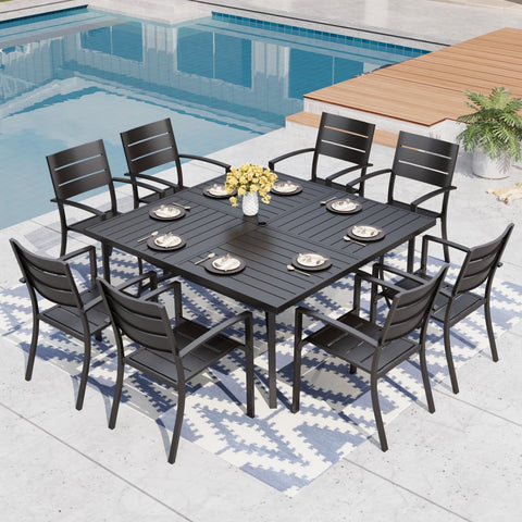 9-Piece Patio Dining Set Extra-large Square Table & Stackable Steel Fixed Chairs