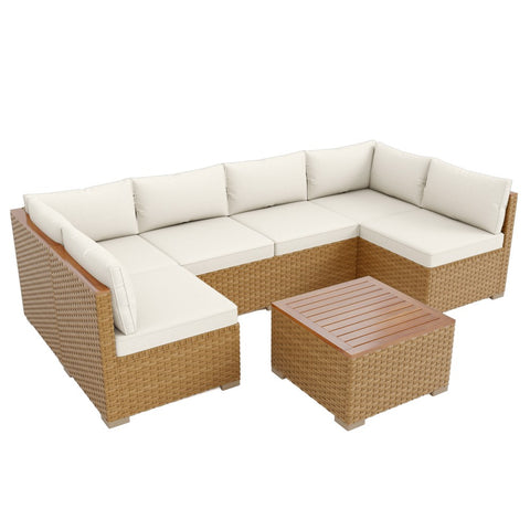 Outdoor Rattan Conversation Sofa Set with Acacia Wood Coffee Table