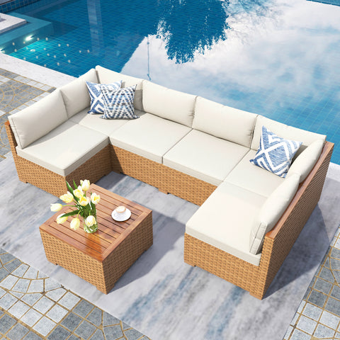 Outdoor Rattan Conversation Sofa Set with Acacia Wood Coffee Table