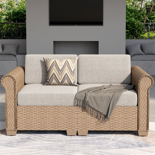 Outdoor Rattan Loveseat Sofa Set with T-Shaped Sponge Cushion