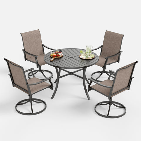 5-Piece Patio Dining Set Ergo Sling Swivel Chairs & Geometrically Stamped Round Table