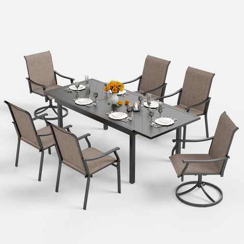 7 Piece Ergo Sling Fixed & Swivel Chairs Patio Dining Set with Expandable Table