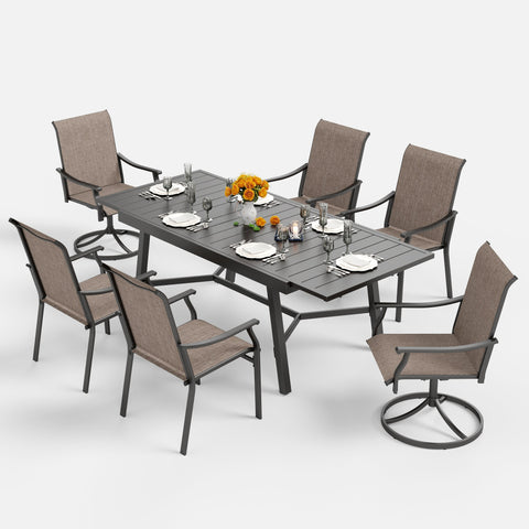 7 Piece Ergo Sling Fixed & Swivel Chairs Patio Dining Set with Expandable Table