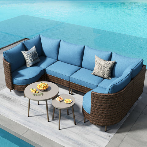 Outdoor Round Curved Wicker Conversation Sofa Set with Navy Cushions and 2 Coffee Tables