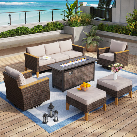 7-Seat Luxurious Half-moon Rattan Sofa with 56" Rattan Fire Pit Table