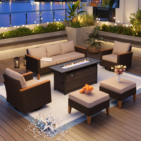 7-Seat Luxurious Half-moon Rattan Sofa with 56" Rattan Fire Pit Table