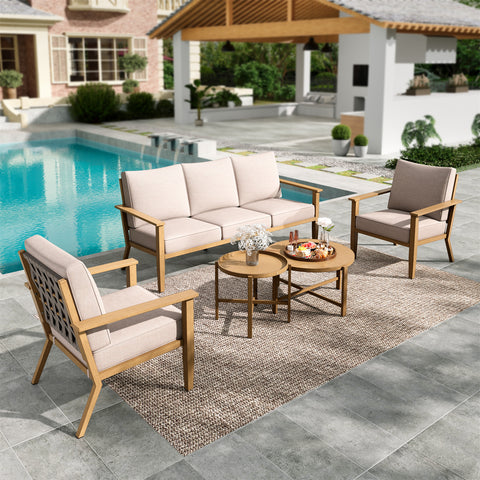 5 Seat Outdoor Wooden-like Conversation Set with Coffee Table