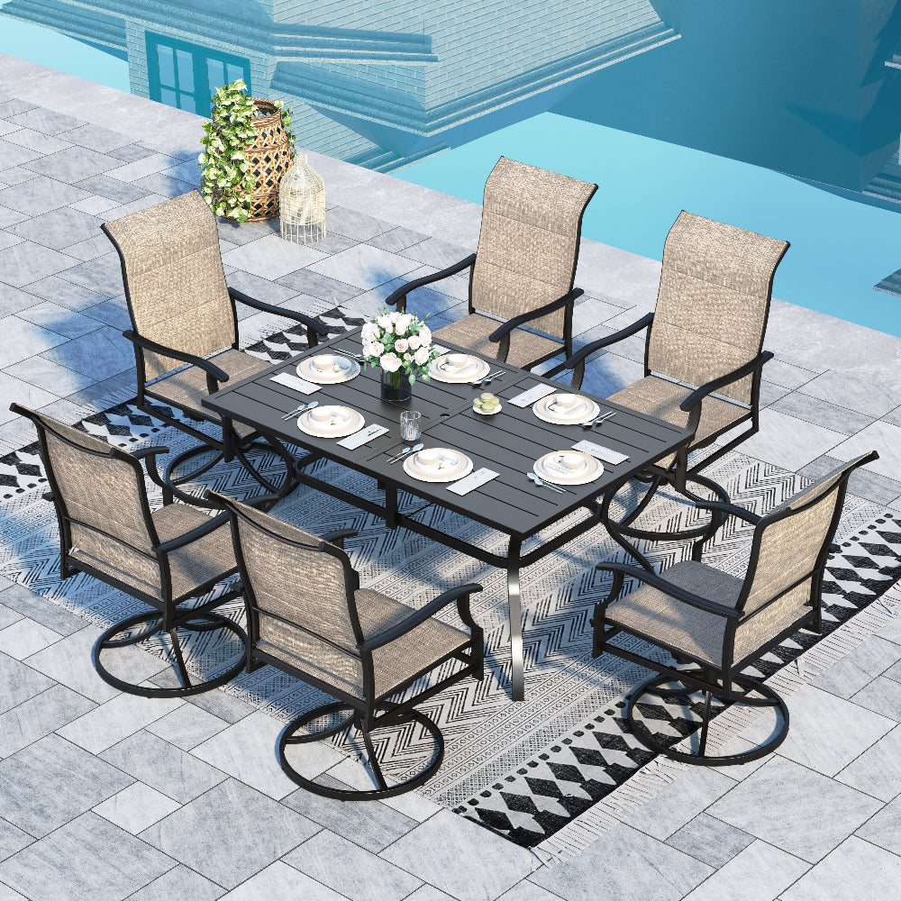 7-Piece Patio Textilene High Back Swivel Chairs and Steel Rectangle Table Dining Set