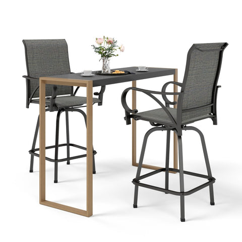3-Piece Outdoor Bar Set-Sea Stone Table & Gray/Aqua Textilene Swivel Stools