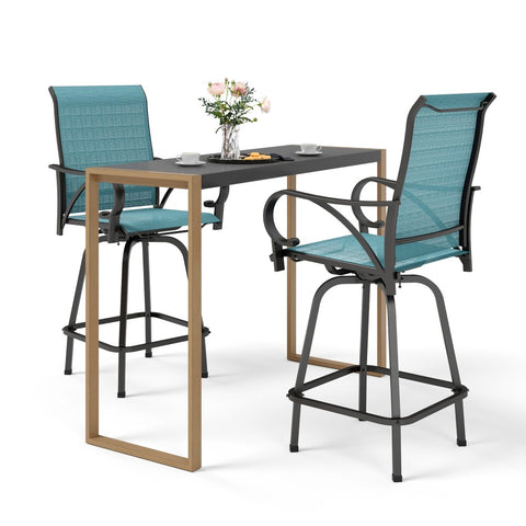 3-Piece Outdoor Bar Set-Sea Stone Table & Gray/Aqua Textilene Swivel Stools