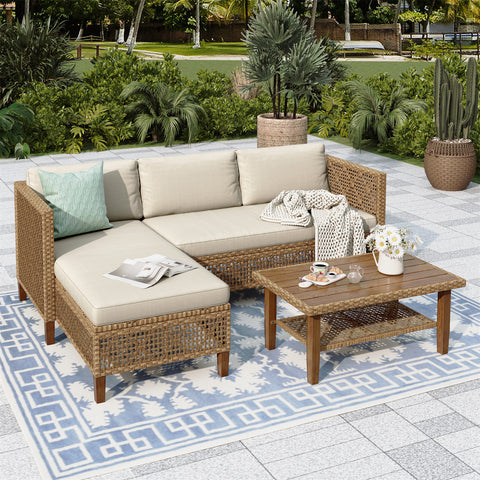 Boho Style Outdoor Wicker Conversation Sofa set with Acacia Wood Coffee Table