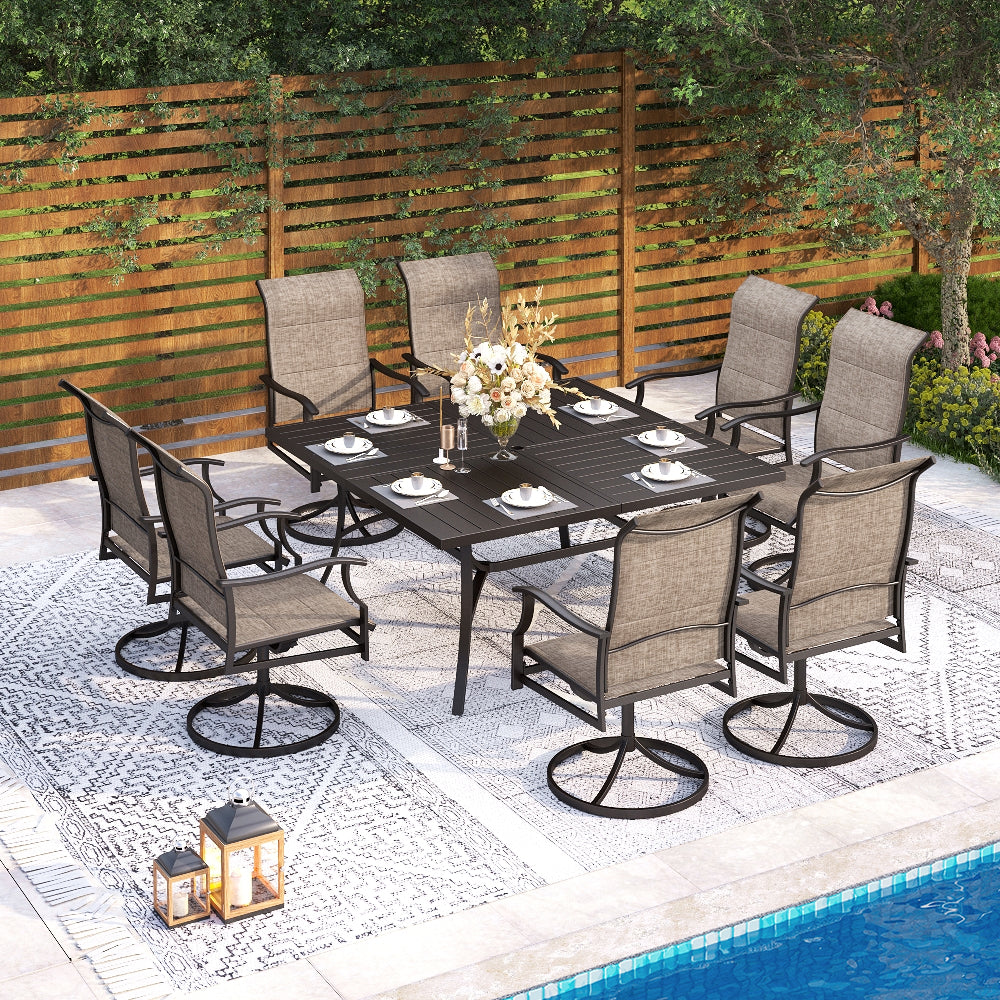 9-Pcs Patio Dining Set with Enlarged Table & High Back Textilene Swivel Chair